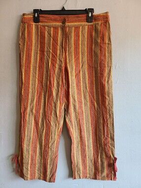 Women's large Chico's 2 linen blend pants rust orange striped wide leg 35" waist